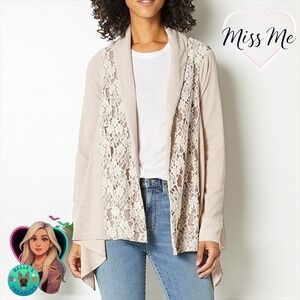 Miss Me Beige Lace Open Front Cardigan Sweater Women Large Handkerchief Hem Bobo